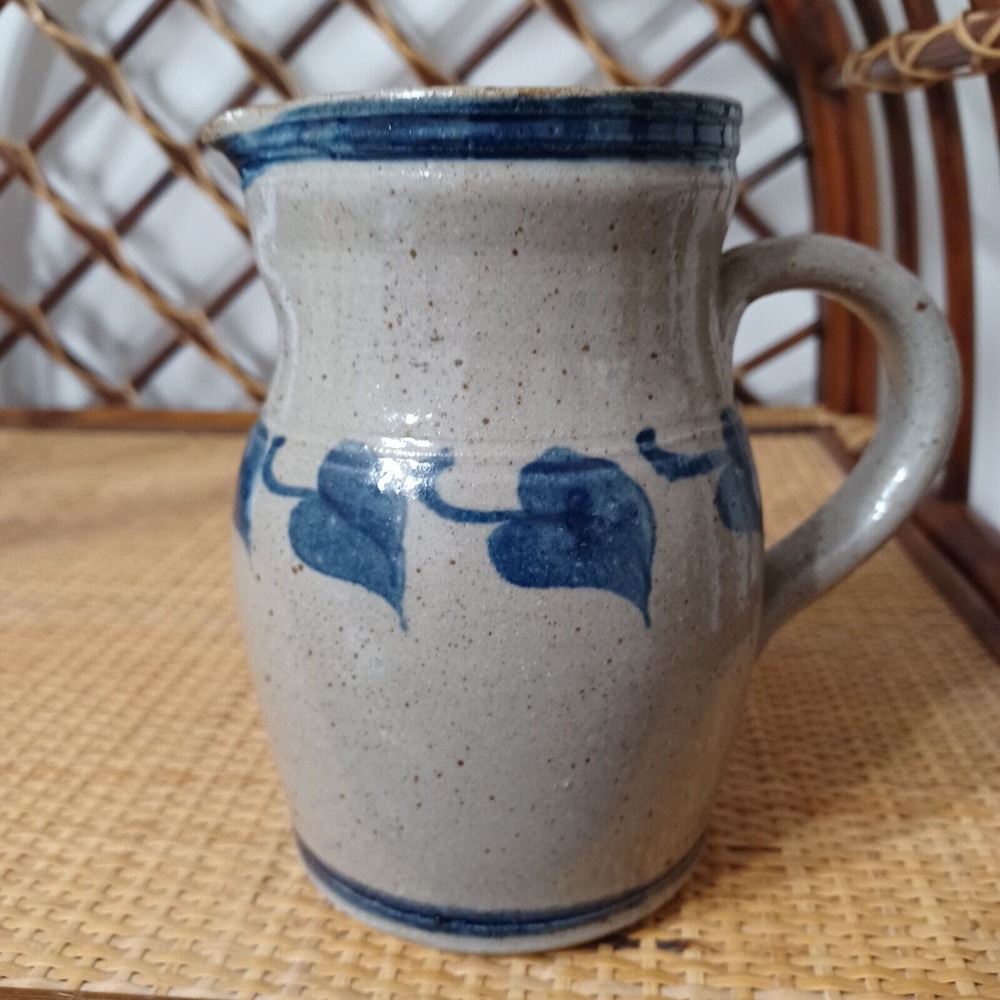 Vintage Salt Glaze Pottery Pitcher Blue And Gray Artist Signed Dated 1992 6.5"